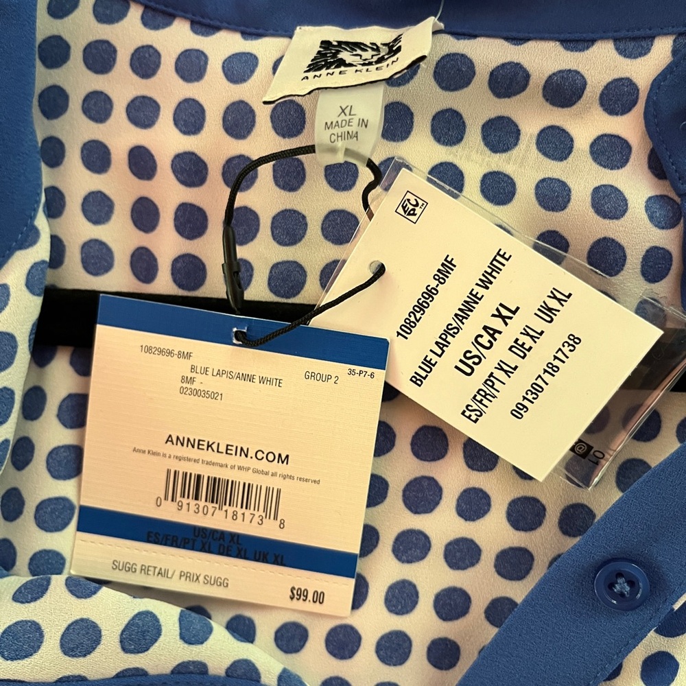 Anne Klein Blue and White Polka Dot Top with semi sheer sleeves